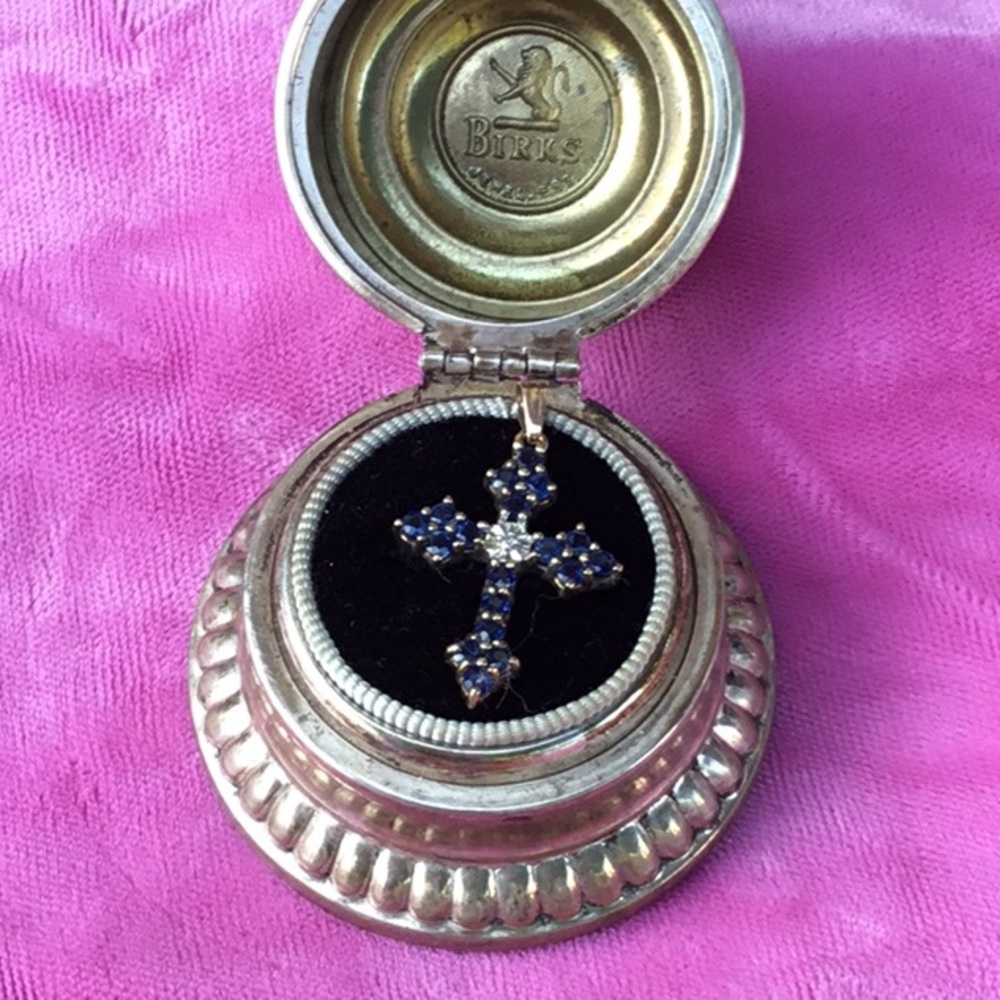 Vintage 10k gold sapphire & diamond cross pendant